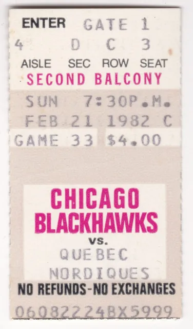 1982 Blackhawks Ticket Stub vs Nordiques Feb 21 Stastny