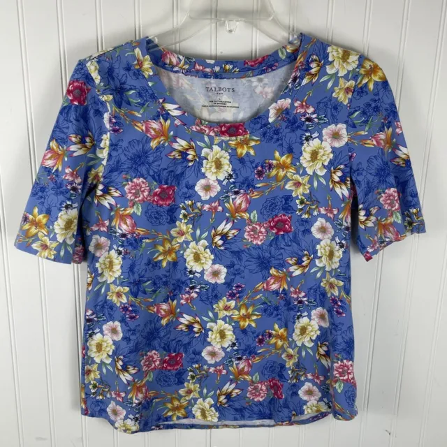 Talbots Womens Blue Floral Stretch Scoop Neck Casual Short Sleeve Top Large