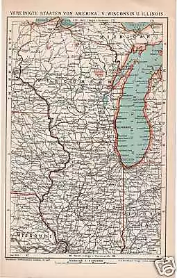 USA Wisconsin Illinois Michigan LANDKARTE 1905 Michigansee