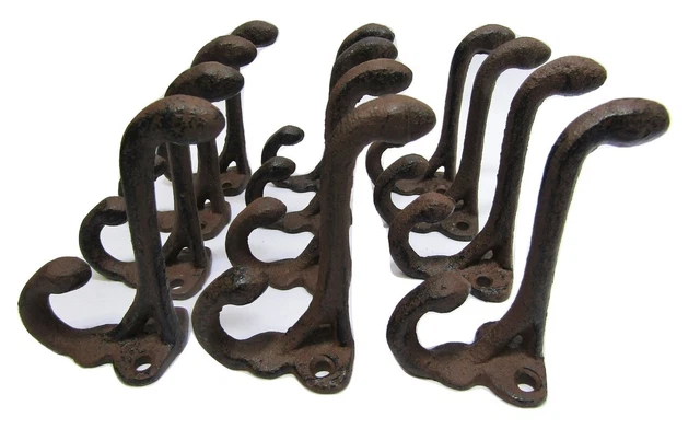 Lot 12 Antique-Style Rustic Brown Double School Coat Hooks Cast Iron Hardware