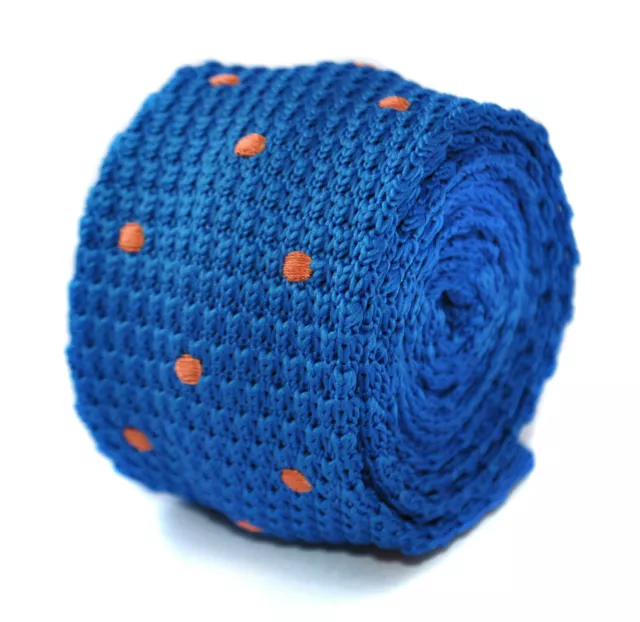 Frederick Thomas Knitted Silk Mens Tie - Royal Blue - Burnt Orange Polka Dot