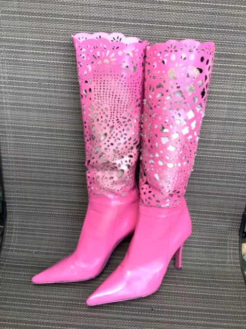 Casadei Vintage Fuchsia Leather Laser Cut Heels Boots 6/6.5 3