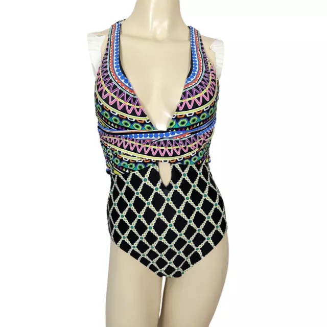 Trina Turk Kon Tiki Crisscross multicolored Plunge one piece Swimsuit size 6 2