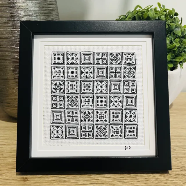 Cidstitches Geometric Squares Black Back Stitch Finished Frame 7" Wall Desk Art