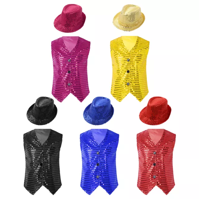 Kids Boys Girls Hip-Hop Street Dance Costme Sequined Vest Waistcoat with Hat Set