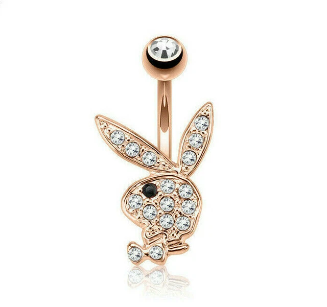 1pc Rose Gold Plated CZ Gem Paved Playboy Bunny Belly Ring Navel Naval Licensed