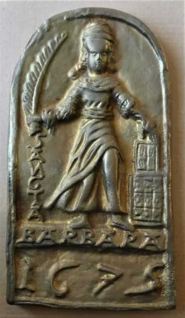 Bergbau-Relief St Barbara mit Turm 1675 Bronze, 11,5x20,5cm