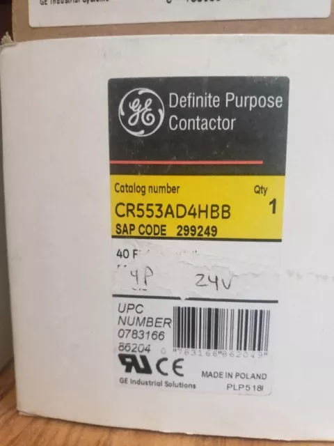 CR553AD4HBB GE Definite Purpose Contactor 4p 40a 24vac, (open box)