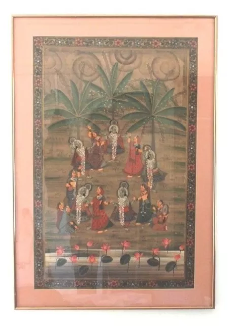 Vintage Pichwai Silk Painting Hindu Krishna Rasa Dance Framed Wear