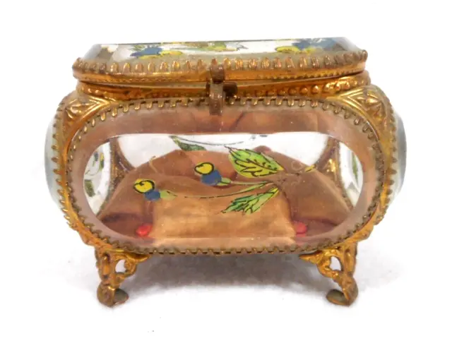 Antique French Enameled Beveled Glass amd Brass Rectangular Casket Box, Enameled