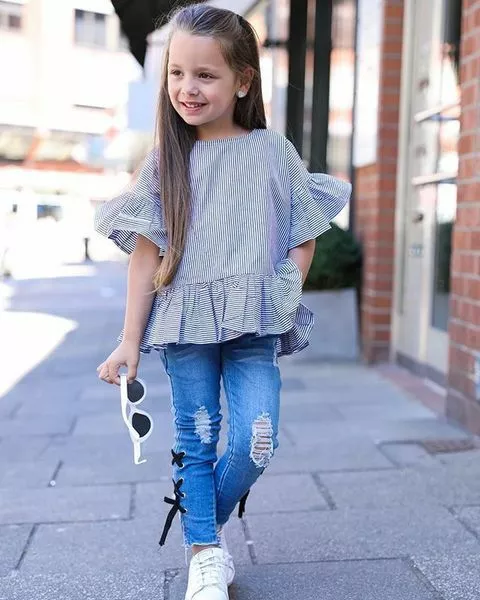 Completo Bimba bambina Maglia t shirt blu pantaloni lunghi denim jeans  blu B061