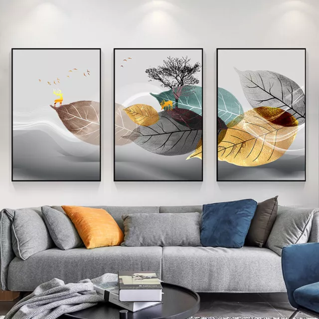 Abstract Greay Gold Blue Leaves Canvas Painting Nordic Luxury Wall Art Posters