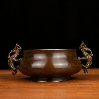 21 cm Chinese Antique Bronze censer Old Brass Incense burner animal Pot