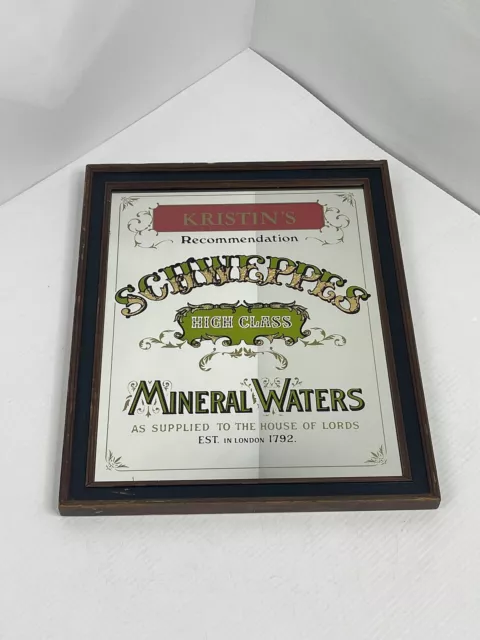 Letrero espejo vintage Schweppes aguas minerales vajilla de bar enmarcada en madera 12x16