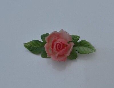 Vintage molded plastic hand painted flower rose & green leafs 3D Brooch Pin
