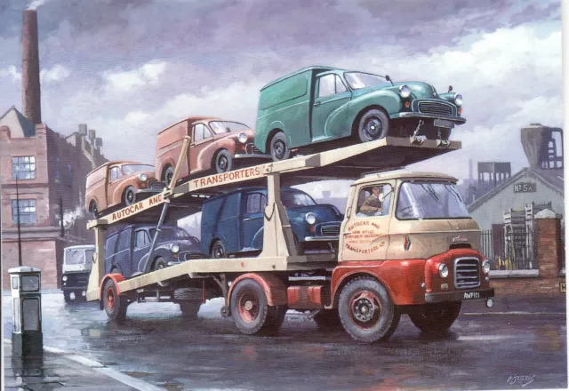 Austin Carrimore HGV car transporter Morris Minor Van LCV motoring greeting card