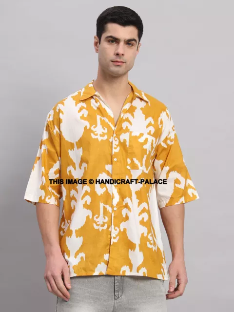 Hombre Manga Corta Camisa de Algodón Ikat Estampado Holgado con Botón Tops Blusa