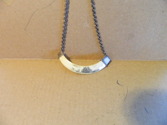 Vintage Scrimshaw With Ship On Sterling Silver End Pieces Necklace