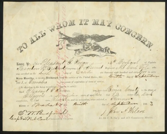 Rare, Partly-Printed 1863 Soldier’s Discharge – 2nd Nebraska Volunteer Cavalry