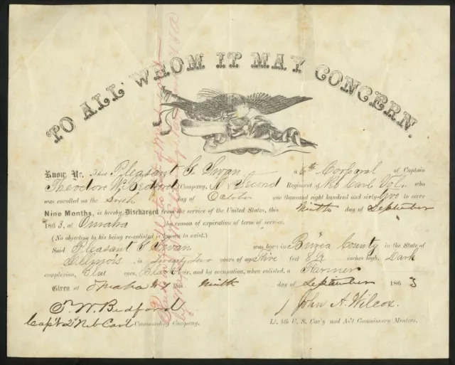 Rare, Partly-Printed 1863 Soldier’s Discharge – 2nd Nebraska Volunteer Cavalry Rare, Partly-Printed 1863 Soldier’s Discharge – 2nd Nebraska Volunteer Cavalry