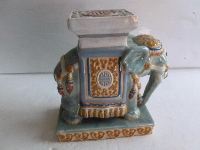 ÉLÉPHANT EN CÉRAMIQUE POLYCHROME SUPPORT PORTE PLANTE DECORATIF HAUT 23 Cm