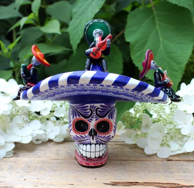 Day of the Dead Large Sugar Skull Sombrero & Mariachi Handmade Mexican Folk Art