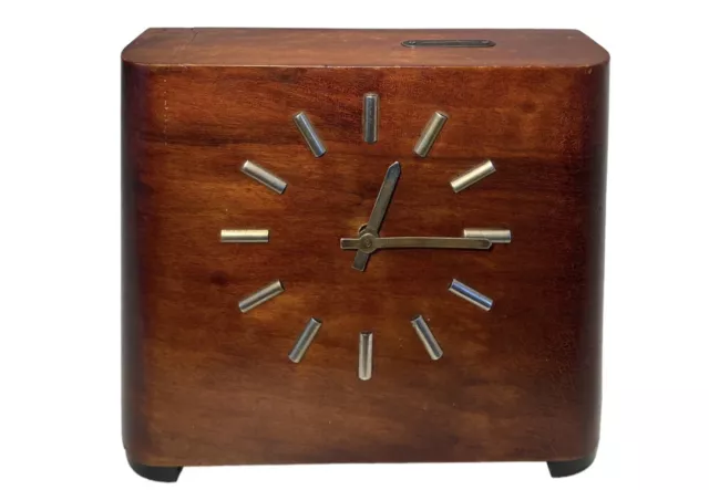 DANISH SAVINGS COMPANY CLOCK 1950 Mid Century Wood Money Box MADE IN DENMARK