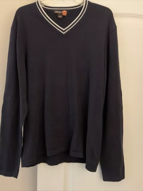 Michael Kors V-neck Men's Pullover Sweater Sz Large Navy Blue w/ White Trim