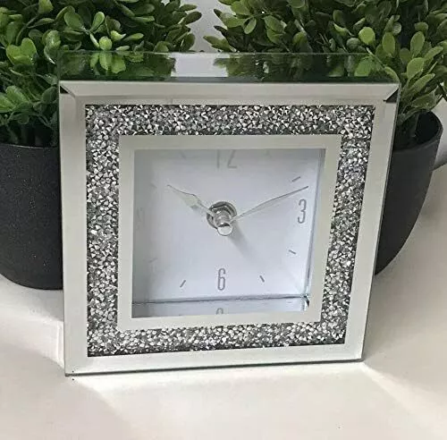 Square Loose Diamante Mantle Clock Crushed Jewel Glass Mirrored Table Clock 14X