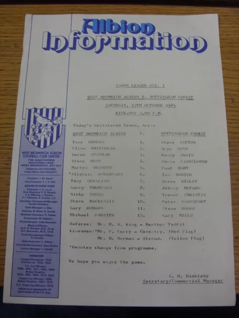 13/10/1984 Colour Teamsheet: West Bromwich Albion v Nottingham Forest (folded).