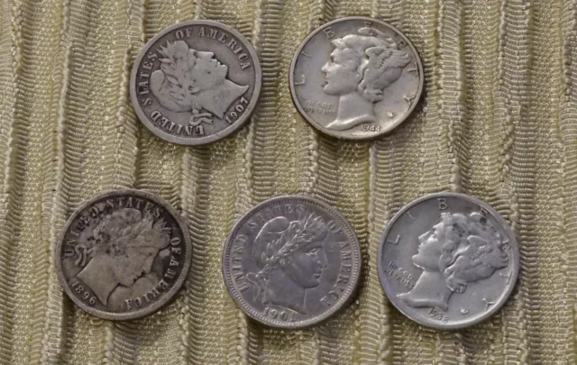 3 Barber Dimes, 2 Mercury Dimes        #32
