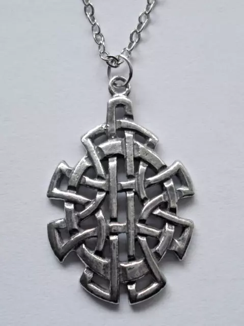 Chain Necklace #2343 Pewter CELTIC KNOT SHIELD (28mm x 18mm) silver tone pendant