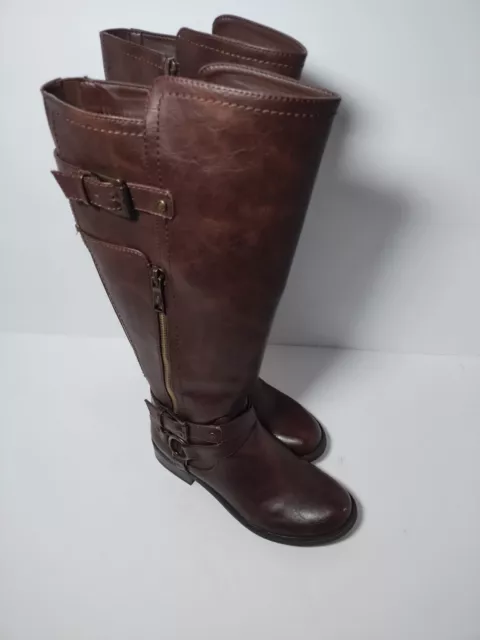 G By Guess Brown Faux Leather Buckle Knee High Wide Calf Riding Boots Women 6M
