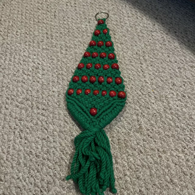 Vintage Macrame Wall Hanging Christmas Tree Green with Red Beads 70's BOHO Art