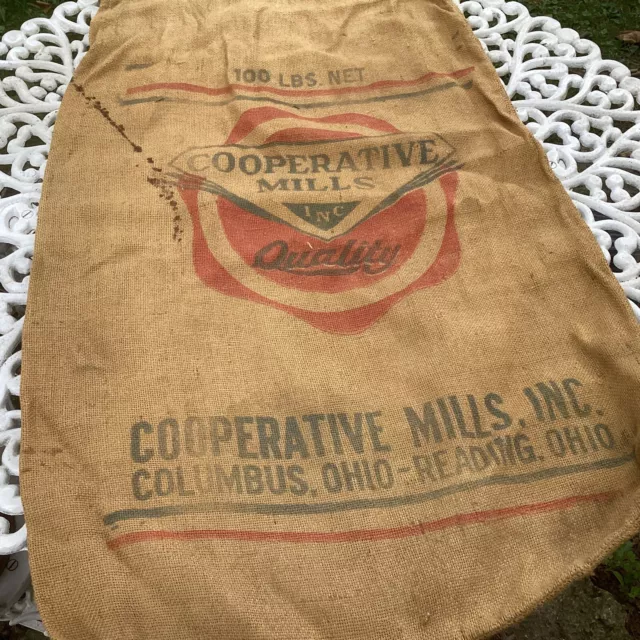 Vintage Burlap Seed Feed Sack Bag Cooperative Mills Inc Columbus & Reading Ohio