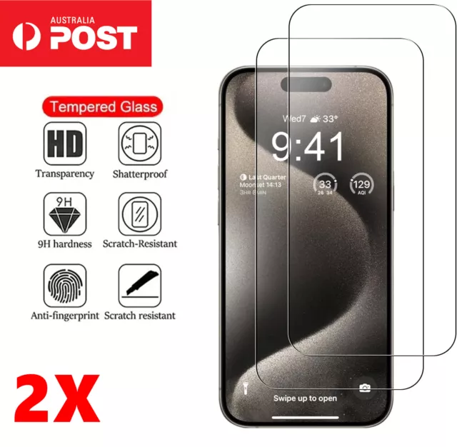 2 For iPhone 15 14 13 12 11 Pro Max XR X Tempered Glass Screen Guard Protector