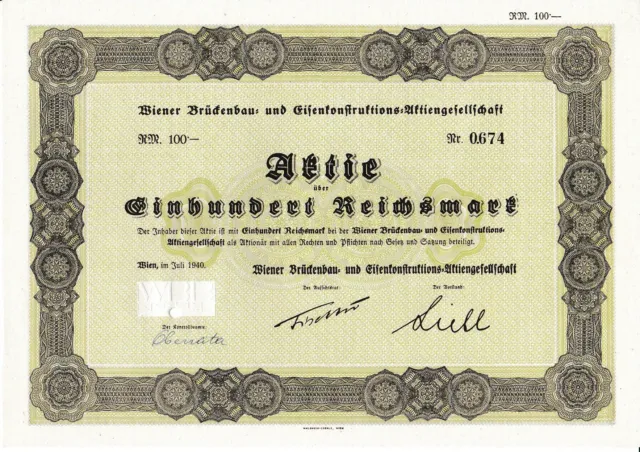 Wiener Brückenbau- und Eisenkonstruktions-AG, Wien  WBB  Aktie  100 RM  1940