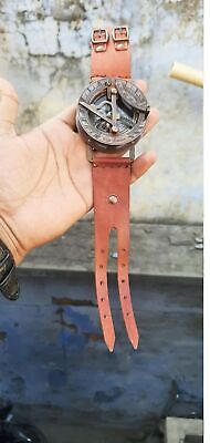 Antique Steampunk Brass Sundial Nautical Vintage Leather Compass Wrist Watch