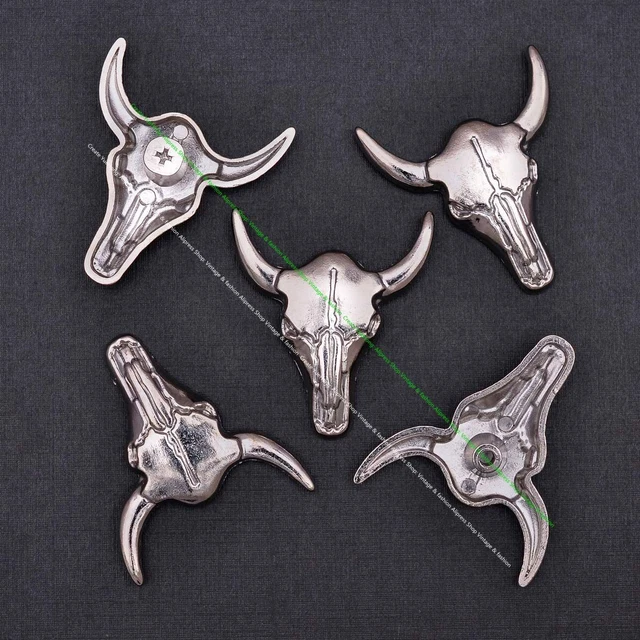 Cabeza de Cráneo de Búfalo Concho - Vaquero Occidental Toro Plata Cuero Artesanal Conchos 10 piezas