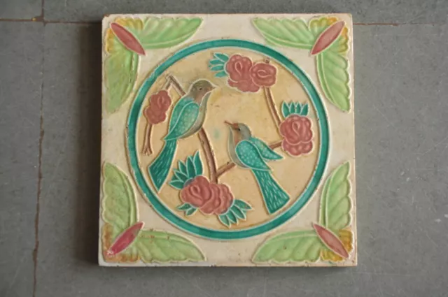 Vintage Love Birds Picture Embossed Ceramic Tile,Japan