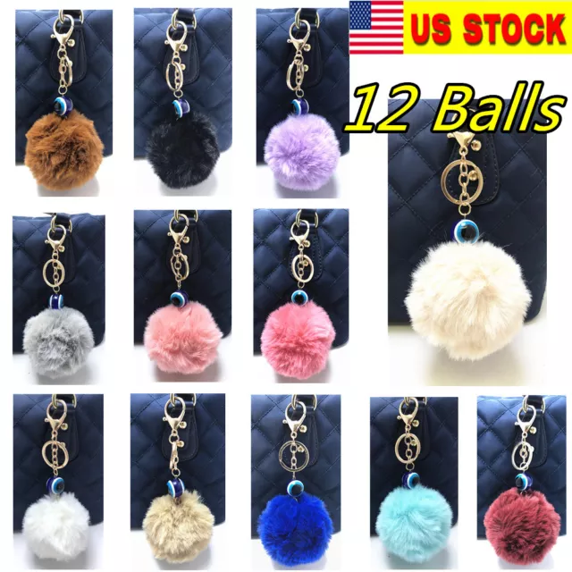 12PC Faux 8CM Rabbit Fur Pom Poms Ball Key Chain Hand bag Car Charm 12 Colors