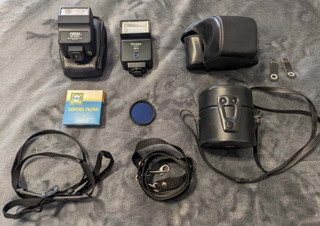 Film Camera Parts Lot: Cases, Straps, Flash Shoes (Focal, Vivitar), Lens Filters