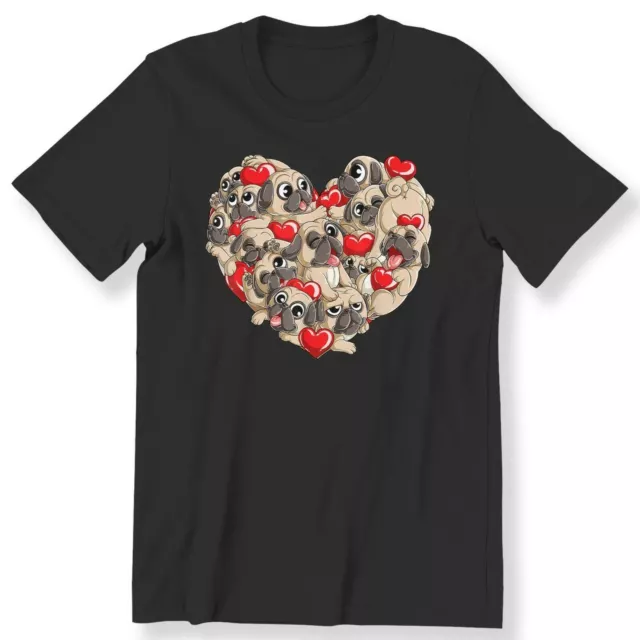 Happy Valentine's Day Cute Pugs Dog Men's Ladies T-shirt Dog Lovers 100% Cotton