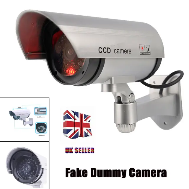 Fake Dummy CCTV Camera Security Flashing LED Indoor Outdoor Surveillance Sliver
