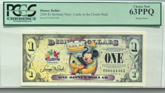 2009 DISNEY DOLLAR $1 BIRTHDAY PARTY Castle Back Serial #T00624362 PCGS 63PPQ 4E