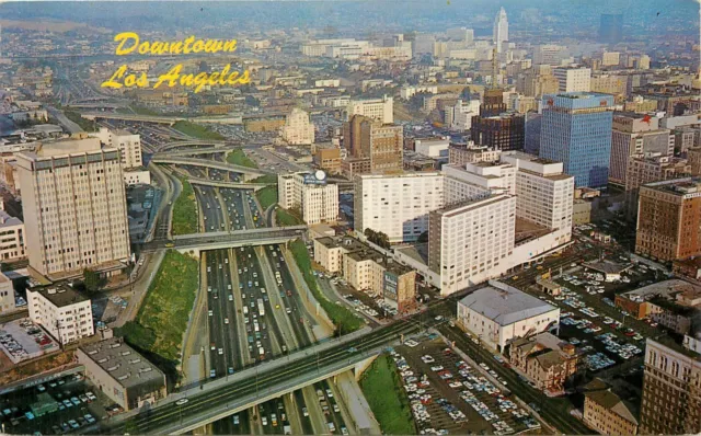 Downtown Los Angeles LA California CA aerial view Harbor Freeway 1967 Postcard