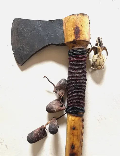 1890's Native American  Tomahawk with Squirrel Skull, Beaded, Medicine Rattles