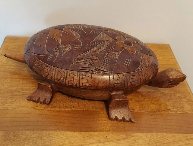 Vintage Hand Carved Haiti Wooden Turtle Tortoise w Shell Lift Off Lid Large