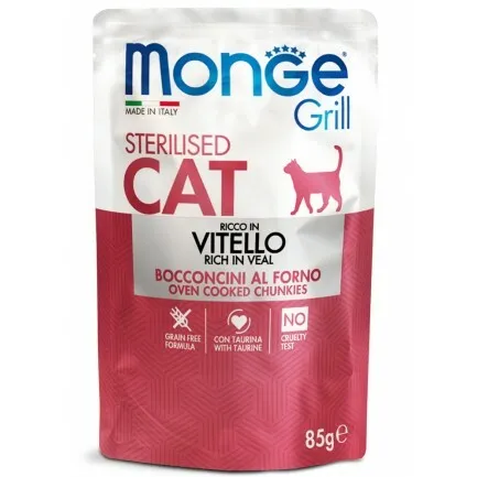 Monge Grill Adult Cibo Umido per Gatti Adulti Sterilizzati - Vitello - 14x85 gr