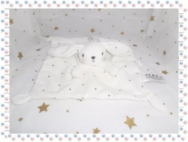 Doudou Plat Carré Lapin Blanc Gris  Etoiles Attache Sucette Simba Toys